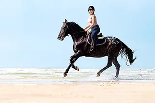 Une femme sur un cheval sombre galope sur la plage
