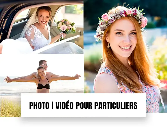 Collage de photos mettant en avant des particuliers : une mariée, une femme avec une couronne de fleurs, et un couple sur la plage, avec le texte 'Photo | Vidéo
                         pour particuliers' en bas Images illustrant la diversité des reportages photo et vidéo proposés pour les professionnels