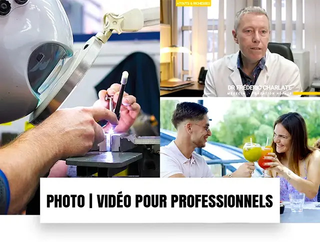 Collage de photos illustrant différents professionnels : un soudeur, un médecin, et un couple partageant une boisson, avec le texte
                          'Photo | Vidéo pour professionnels' en bas. Images illustrant la diversité des reportages photo et vidéo proposés pour les professionnels